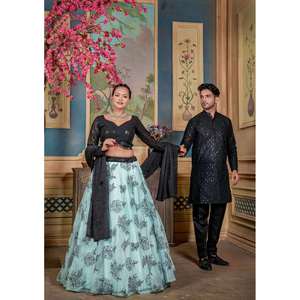 DISEÑADOR ORGANZA SECUENCIA DE BORDADO DE SECUENCIA DE TRABAJO PAREJA WEAR COMBO SKY CON NEGRO - Product Image 1