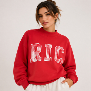 Sudadera Rosa Extra Grande con Cuello Redondo y Estampado de Letras a Cuadros RIC, Sudadera Informal de Forro Polar Unisex para Otoño - Product Image 4