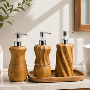 Ensemble d'accessoires de salle de bain ARTERRA Premium, moderne, écologique, en teck massif, imperméable et durable, avec distributeur de savon, pompe à lotion et brosse de toilette - Product Image 2