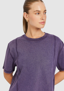 T-shirt en coton à manches courtes et col rond pour femme, coupe ample, couleur unie, décontracté, basique, violet, jersey - Product Image 2
