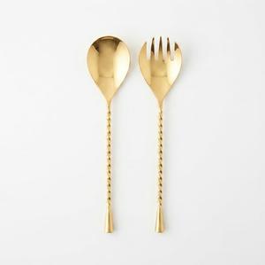 Ensemble de serveurs à salade dorés pour l'inauguration de la maison, fourchette et cuillère avec poignées torsadées, outils à salade en métal, serveur de luxe - Product Image 1