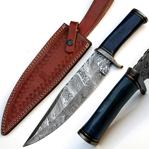 Couteau de chasse en acier Damas, lame à pointe de lance, manche en os de chameau, garde en laiton, étui en cuir, couteau de chasse à lame fixe personnalisé DIY - Product Image 1