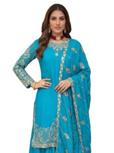 Elegant Look Heavy Embroidery Traditional Pattern Stitched Chinon Silk Pakistani Designer Salwar Kameez Coordinating Dupatta - Product Image 2