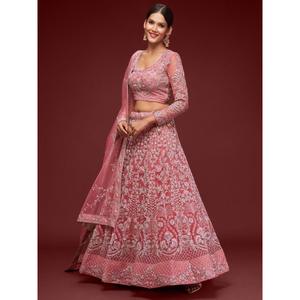 Gorgeous Coral Embroidered <b>Net</b> Wedding Wear Lehenga Choli - Product Image 6