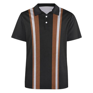 Polo à manches courtes rayé pour homme, décontracté, tissé, motif noir, marron, blanc, coupe classique, col boutonné - Product Image 1