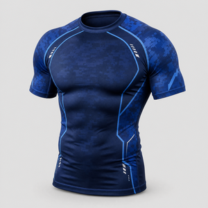 Haut de compression à manches courtes pour homme, respirant, antibactérien, marron beige, motif géométrique, pour le BJJ, le MMA et le grappling - Product Image 1