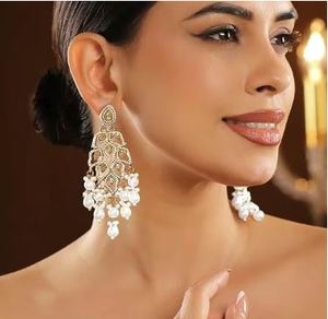 Boucles d'oreilles pendantes vintage en laiton plaqué rhodium, zircon et perles d'imitation, pour femme, mariage, fiançailles, fête, mode ethnique - Product Image 1