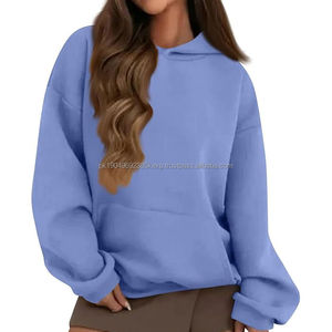 Sudadera con capucha de cuello alto de punto OEM para mujer, con hombros caídos y cremallera, Color azul sólido, sin cordón, con logotipo frontal, manga corta de invierno - Product Image 1