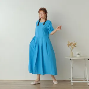 Vestido Maxi de Lino y Algodón Estilo Bohemio, Azul, Manga Media, Corte Holgado, Casual, Veraniego - Product Image 2