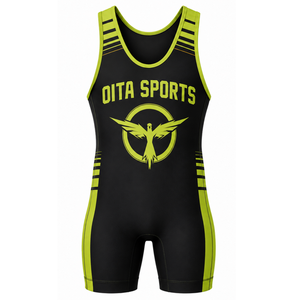 Combinaison de lutte sublimée pour hommes, vert néon et noir, en polyester, uniforme athlétique sans manches, vêtements d'entraînement et de compétition - Product Image 2