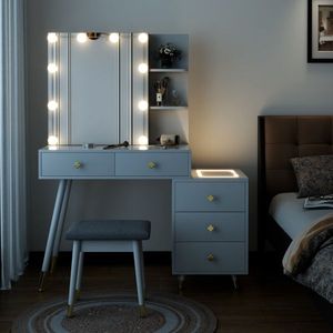 Solid Wood <b>Makeup</b> Vanities 5 Drawers 2 Layer Shelf <b>Mirror</b> Case Pitted Particle Board Triamine Coating Copper Sheath Decoration - Product Image 2