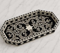 Plateau artisanal en os incrusté avec motif floral noir et blanc, fait main, rectangulaire, pour décoration de mariage et d'anniversaire, style moderne
