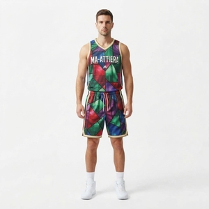 Ensemble maillot et short de basketball pour homme MA-ATTIERA, sublimation, imprimé géométrique multicolore, sans manches, uniforme de sport respirant - Product Image 1