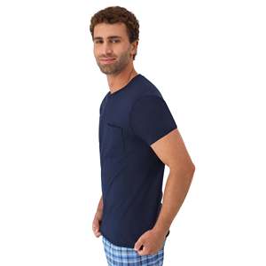 Chemise décontractée en coton bleu marine à col en V et manches courtes pour homme, respirante, idéale pour l'été - Product Image 3