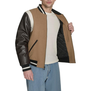 <b>Men's</b> Brown Bomber <b>Jacket</b> PU <b>Leather</b> Sleeves Solid Color Zipper Closure Casual Style Autumn Wear Regular Fit Turn-down Collar - Product Image 1