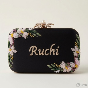 Black Velvet Beaded <b>Clutch</b> with Floral Embroidery Chains Flap Closure Elegant Evening Bag Ruchi - Product Image 3