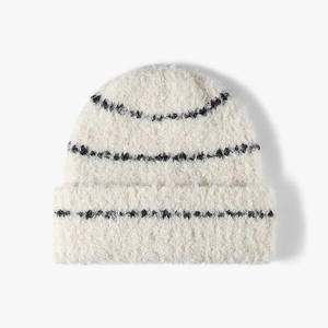 Red Knitted Beanie <b>Hat</b> with White Striped Pattern Unisex Adult Winter <b>Hat</b> Casual Style Handmade Acrylic <b>Warm</b> Cap 56-58CM - Product Image 4