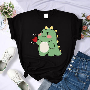T-shirts décontractés à manches courtes pour femmes, doux, style streetwear, sport, hip-hop, avec imprimé « Cute Little Dinosaur Confesses Love » - Product Image 2