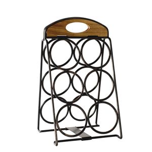 Porte-bouteilles moderne en métal avec poignée en bois, support de comptoir pour 6 bouteilles, présentoir pour la décoration de la maison, rangement pour la cuisine et le bar - Product Image 1