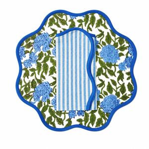 Round scalloped botanical Placemat Block Print fabric <b>table</b> mat easy care machine washable <b>rustic</b> kitchen decor <b>dining</b> mat <b>set</b> - Product Image 1