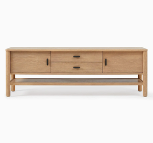 Buffet moderne en teck massif avec porte coulissante et tiroirs centraux, style scandinave minimaliste, rangement en bois - Product Image 2