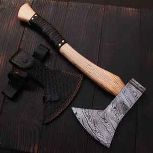 ขวานไวกิ้งเหล็กดามัสกัสคุณภาพสูง ผลิตด้วยมือ ขายตรงจากโรงงาน สำหรับการตั้งแคมป์กลางแจ้งและการเอาชีวิตรอด พร้อมปลอกหนัง - Product Image 6
