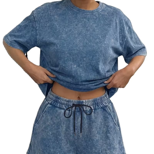 Washed 2pcs Set Women's Loose Short-Sleeve Top Elastic Waist Drawstring Shorts Vintage Street Style Casual Loungewear Summer - Product Image 1