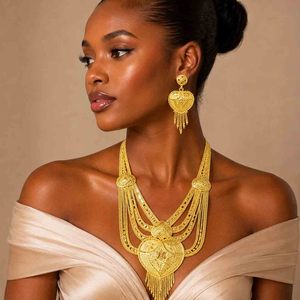 Juego de Joyería Nupcial Largo con Forma de Corazón Turco, Chapado en Oro de 14K, 18K y 24K, Estilo Dubái Tradicional, Venta al Por Mayor - Product Image 3