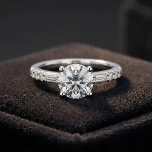 Round Lab Grown Diamond <b>Ring</b> with <b>Emerald</b> Cut and Round Side Diamonds Designer <b>Ring</b> 10K 14K 18K Gold 925 935 <b>Silver</b> - Product Image 1