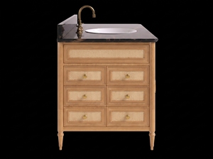 Meuble de salle de bain en bois massif avec dessus en marbre, insert en rotin, lavabo simple, armoire sur pied, 1 tiroir, porte à panneau plat, style moderne pour hôtel - Product Image 2
