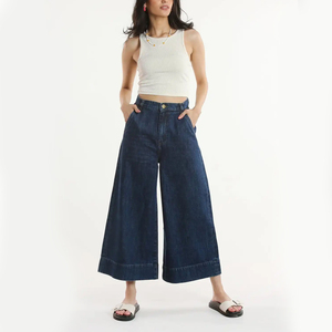 Jean large taille haute délavé foncé pour femme, coupe ample, pantalon en denim court décontracté pour l'été, couleur unie - Product Image 1