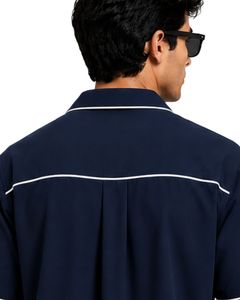 Chemise Homme Personnalisée Bleu Marine à Col Cubain avec Passepoil Blanc, Manches Courtes Décontractées, Style Oversize Streetwear Tendance pour l'Été - Product Image 6