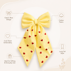 Custom Cotton Embroidered Heart Hair <b>Bow</b> Oversized Long Tail Ribbon <b>Bow</b> Hair <b>Clip</b> for Girls Women Fashion Hair Accessory - Product Image 6