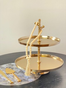 Eco-friendly golden tray Two-tier dessert <b>stand</b> <b>Vintage</b> metal <b>cake</b> <b>stand</b> Ornamental handle serving tray Hammered Finish Serving - Product Image 4