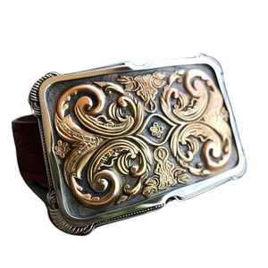 Vintage Paisley Pattern <b>Cow</b> Hide Leather Belt With Rectangular Alloy Plate Buckle Casual Durable One-Piece Molding - Product Image 3