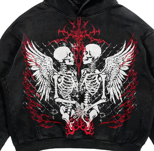 Sweat à capuche personnalisé épais et oversize, motif squelette gothique, avec strass, noir délavé vintage, style streetwear, pour hommes et femmes, Y2K - Product Image 2