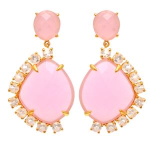 Ajuste de Punta Calcedonia Rosa natural y piedras preciosas CZ elaboradas con Plata de Ley 925 sólida Pendientes colgantes chapados en oro de 18 quilates - Product Image 1