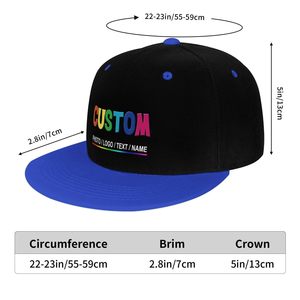 Casquette Snapback personnalisée à 6 panneaux, noire avec visière bleue, ajustable, unisexe, style urbain, en coton, avec logo lettres colorées sur le pan gauche - Product Image 4