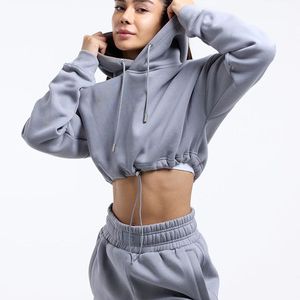 Sudadera Corta con Capucha para Mujer, Manga Larga, Color Sólido, Tejido de Algodón y Felpa, Estilo Holgado, para Otoño - Product Image 6