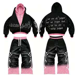 Six Trend Sports Men's Winter Streetwear OEM Custom Acid Wash Rhinestone Jogger Sweatsuit Cropped Distressed Embroidery <b>Set</b> - Product Image 2