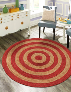Alfombra Redonda Trenzada de Yute Natural con Borde Rojo, Círculos Concéntricos, Hecha a Mano, Ecológica, para Sala de Estar o Dormitorio - Product Image 1