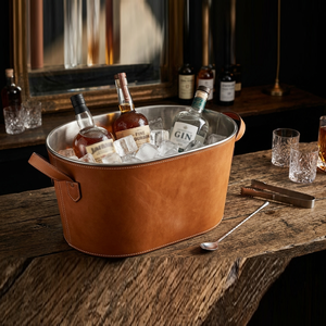 Luxury Brown Leather Stitched Double Wall Stainless Steel <b>Ice</b> Bucket Chrome Ring Handles Premium Party Matte Finish Beverage Tub - Product Image 6