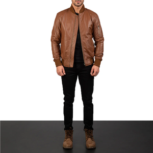 Blouson Bomber Décontracté Marron en Polyester Coupe-Vent pour Homme avec Fermeture Éclair, Col Montant, Style Moto, Idéal pour l'Automne, Finition Frontale Soignée - Product Image 1