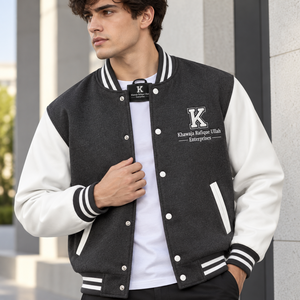 Men's <b>Black</b> And Cream Varsity <b>Jacket</b> With Embroidery Logo Front Casual Autumn Wear Regular Fit Turn-down Collar Single Breasted - Product Image 6