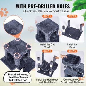 Árbol para Gatos de Interior de 63 Pulgadas con 2 Condominios, Poste Rascador de Sisal, Hamaca Superior y Plataformas de Salto - Árbol y Rascador Grande para Gatos - Product Image 5