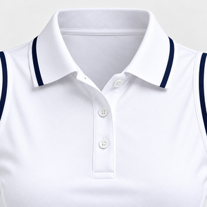 Polo de tennis sans manches pour femme, blanc avec bordure marine, col boutonné, séchage rapide, vêtements de sport pour club de golf, fournisseur de logos personnalisés en gros - Product Image 3