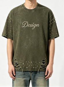 Camiseta de Hombre de Alta Calidad con Bordado Personalizado y Pedrería, Estilo Vintage, Lavado Ácido, Desgastada, Oversize, Streetwear, Venta al por Mayor, Ropa OEM - Product Image 3