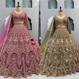 LAHENGA CHOLI DUPATTA en tissu filet papillon avec broderie de sequins, style moderne, pour soirée, longueur ras du sol, séchage rapide - Product Image 1