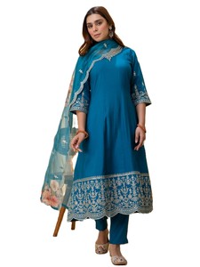 Women's Blue Silk Embroidered Salwar Kameez Set With Floral Dupatta Traditional Indian Pakistani Dress <b>Ankle</b>-Length Regular Fit - Product Image 1