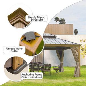 Gazebo con Tetto Rigido 12 X 14, Struttura in Alluminio Rivestito in Legno, Tetto Doppio in Acciaio Zincato, Padiglione Permanente in Metallo per Esterni, Pergola con Tettoia - Product Image 2
